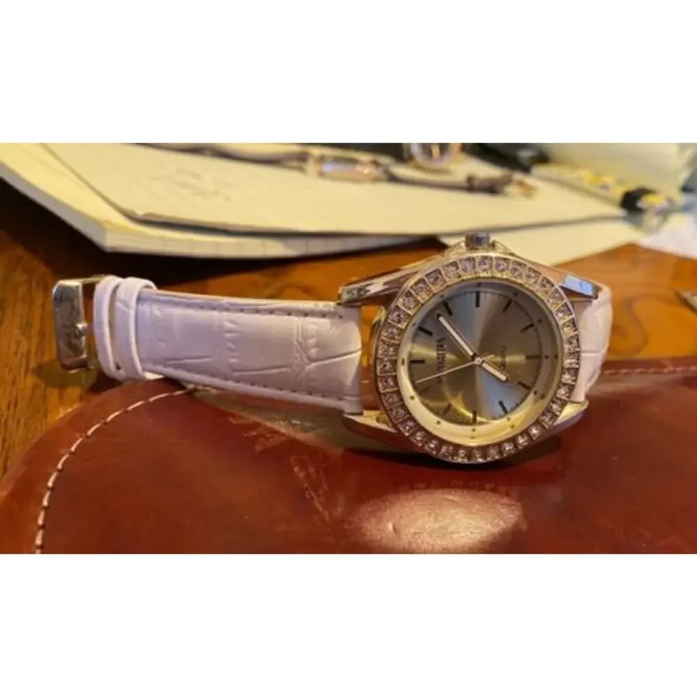 Women's 40mm Manhattan, Gold Tone with Crystal Accents, White Leather